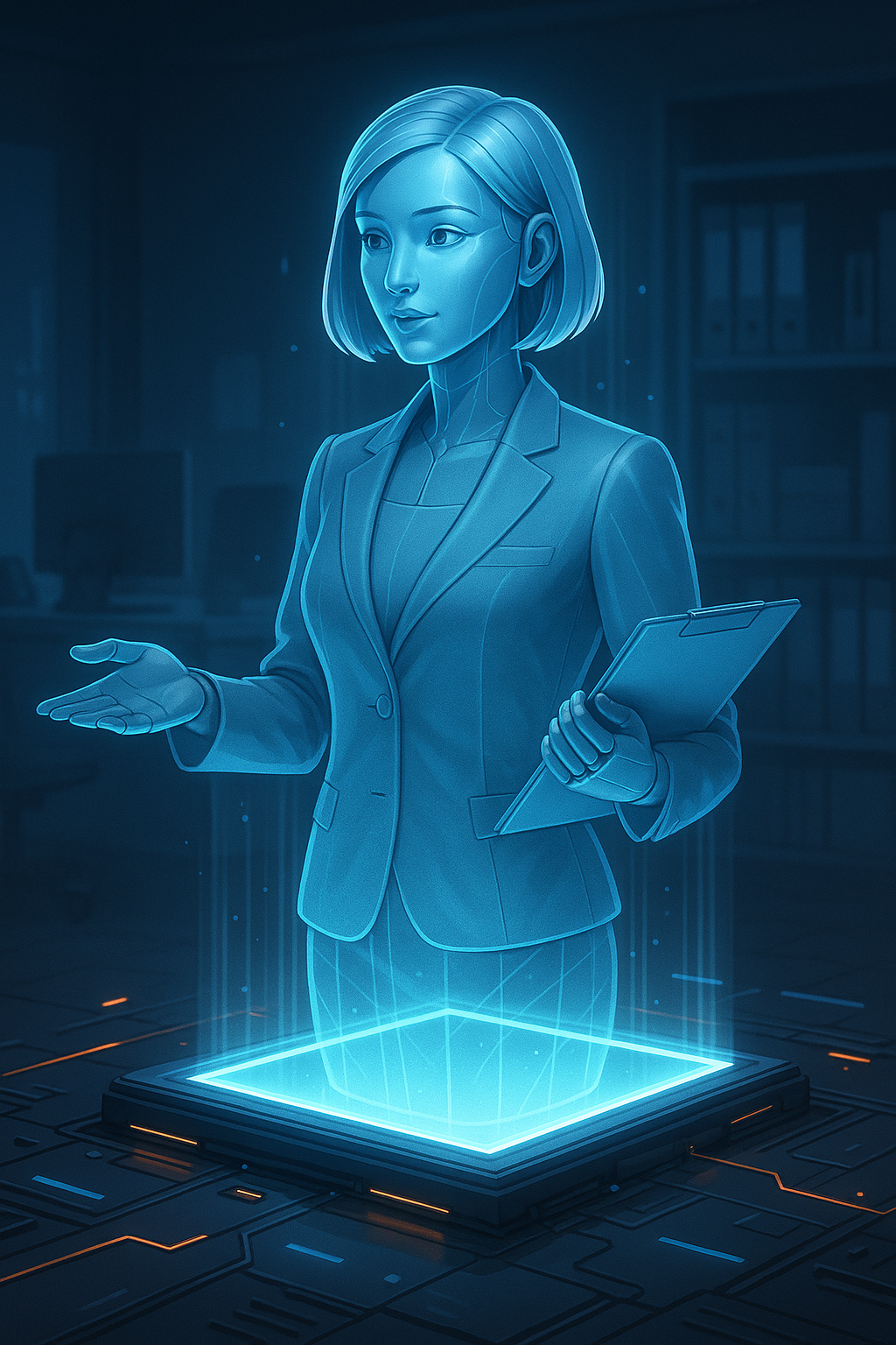 Vozlia, a holographic AI assistant emerging from a glowing base